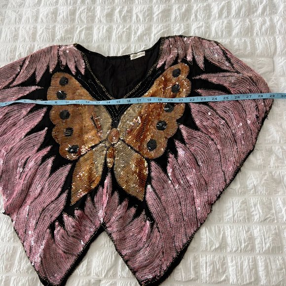 Vintage Sequined Butterfly Blouse / 80's Pink Sequin Embellished Silk Top - Picture 7 of 11